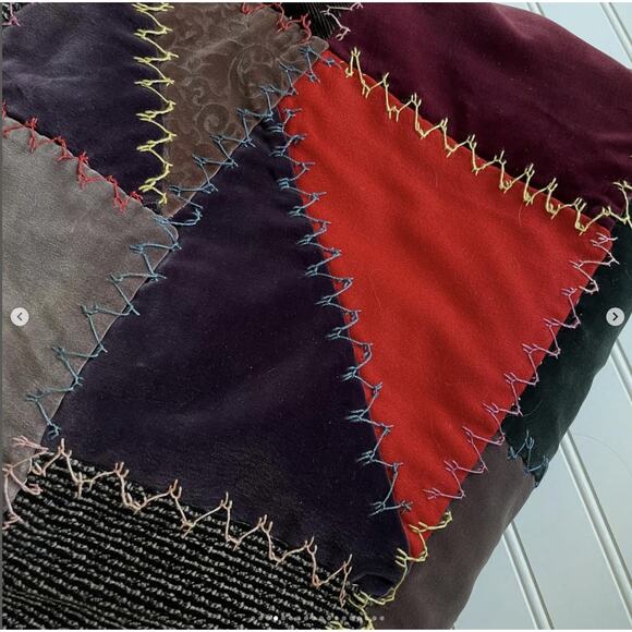 Antique Vintage Velvet Crazy Quilt Patchwork Hand Stitched Brown Purple Silky - Picture 4 of 16